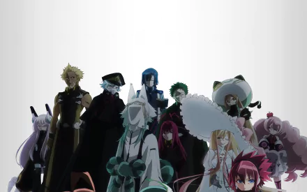 HD desktop wallpaper featuring characters from Twin Star Exorcists, an anime series. The characters are set against a light background, all looking forward intently.