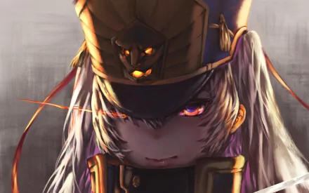 HD desktop wallpaper featuring Gunpuku no Himegimi from the anime Re:Creators. The character has an intense gaze, wearing a military-style hat with a golden emblem, set against a muted background.