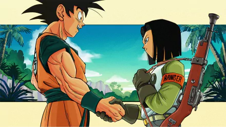 HD desktop wallpaper featuring Dragon Ball Super characters Goku and Android 17 shaking hands against a bright blue sky and tropical background.