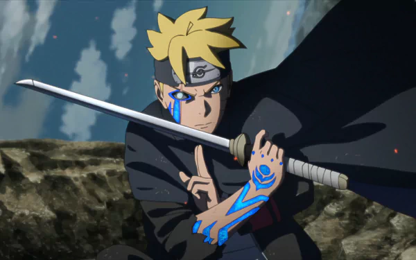 HD desktop wallpaper featuring Boruto Uzumaki from the anime 'Boruto', showcasing his Jōgan eye and glowing blue markings while holding a sword amidst a dramatic landscape.