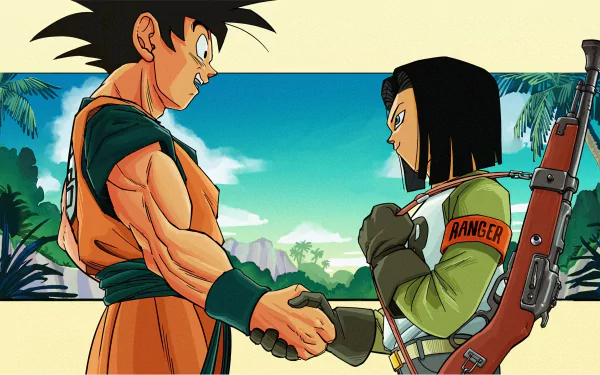 HD desktop wallpaper featuring Dragon Ball Super characters Goku and Android 17 shaking hands against a bright blue sky and tropical background.