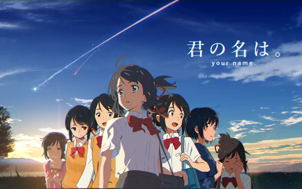 HD PC desktop wallpaper featuring Mitsuha Miyamizu from the anime Your Name, set against a dramatic twilight sky with a comet streaking across the horizon.