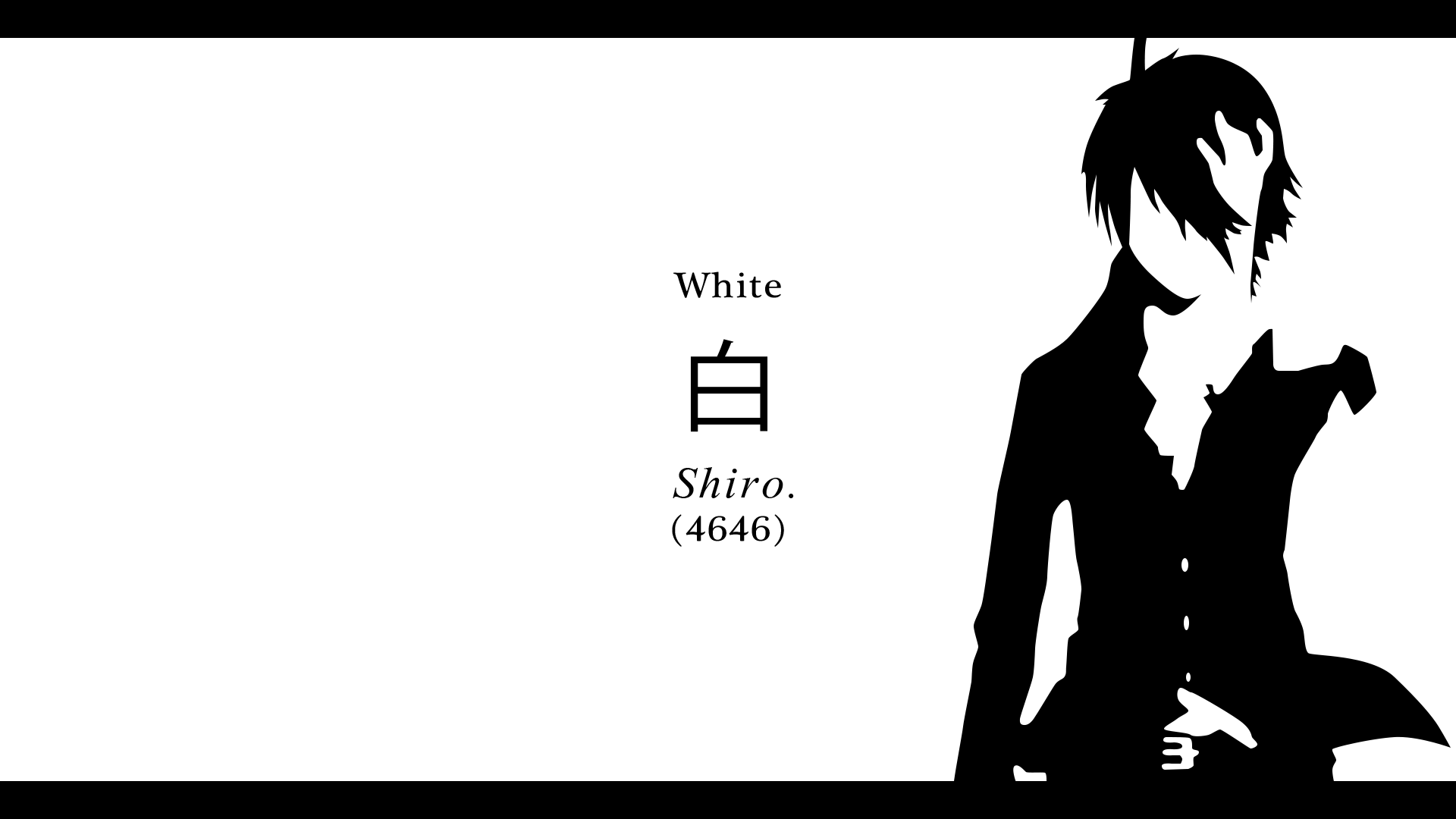 HD PC desktop wallpaper featuring a minimalist black-and-white silhouette of Koyomi Araragi from the Monogatari anime series with Japanese text reading White Shiro.