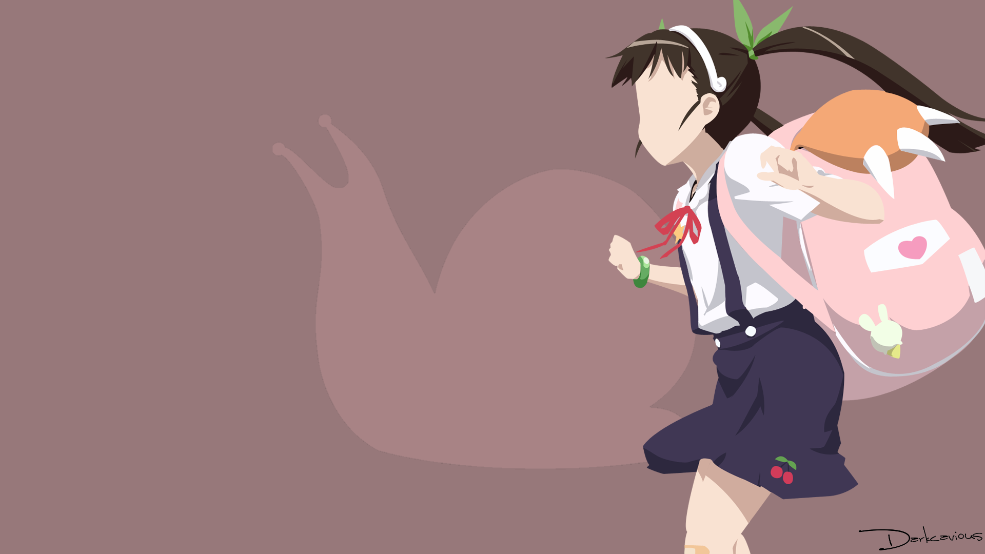 HD PC desktop wallpaper featuring a stylized, faceless illustration of Mayoi Hachikuji from the Monogatari anime series with muted pink and brown tones.
