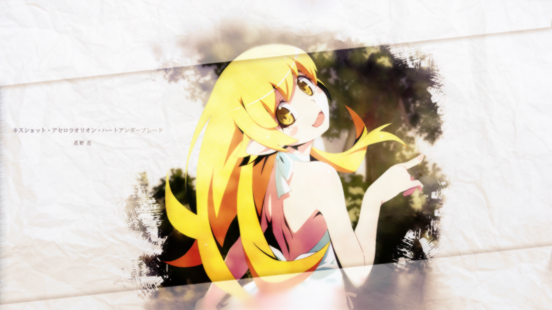 HD PC desktop wallpaper of Shinobu Oshino — anime character from Monogatari (Series) with long golden hair looking over her shoulder against a textured watercolor background.