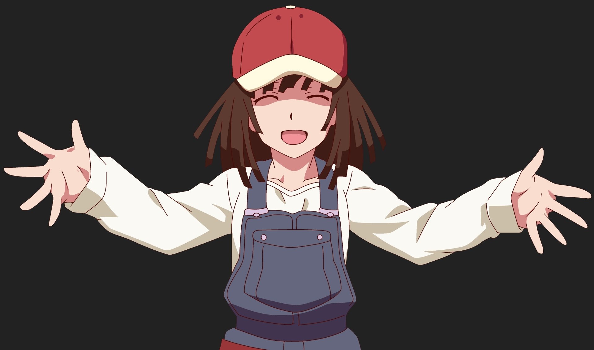 HD PC desktop wallpaper of Nadeko Sengoku from the Monogatari series: cheerful anime girl in a red cap and denim overalls, smiling with arms wide open against a dark background.