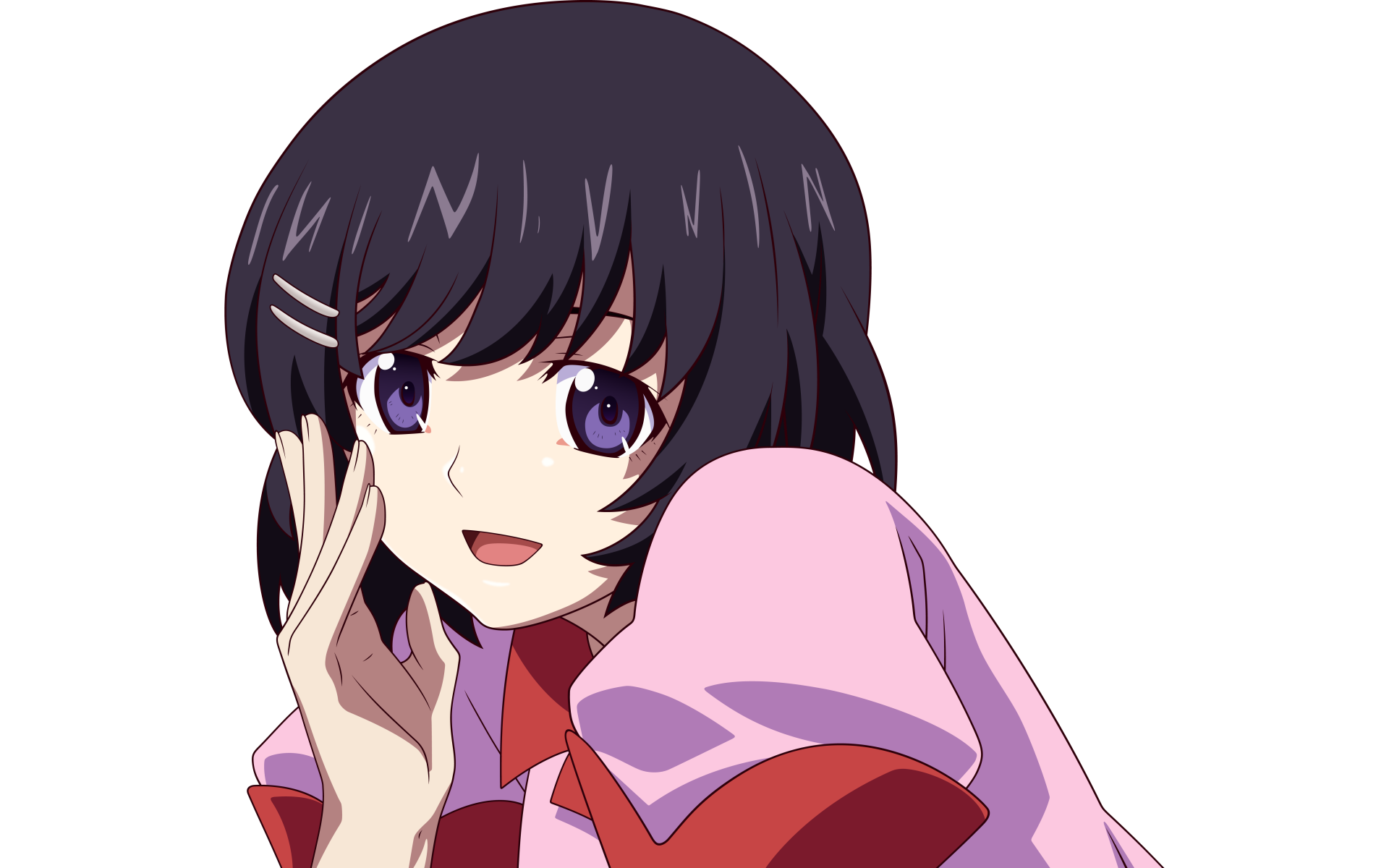 Tsubasa Hanekawa (Monogatari Series) anime portrait: dark hair, purple eyes, smiling in a pink outfit — 5K Ultra HD PC desktop wallpaper/background.
