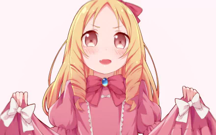 Anime HD desktop wallpaper featuring Elf Yamada from EroManga-Sensei with a cheerful expression, wearing a pink dress and bow against a light background.