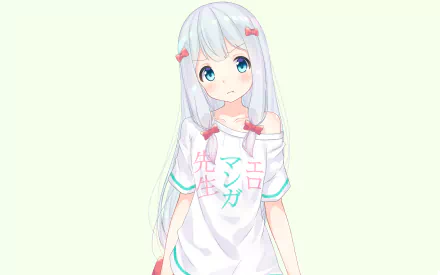 HD desktop wallpaper featuring Sagiri Izumi from the anime EroManga-Sensei, with light pastel colors and a soft expression, wearing a white shirt with Japanese text.