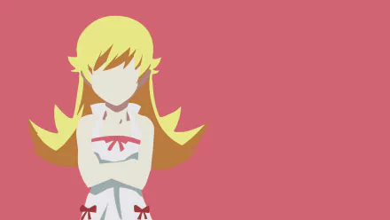 Illustration of Shinobu Oshino from the Monogatari series in a minimalist style, designed as an 8K Ultra HD PC desktop wallpaper with a solid pink background.