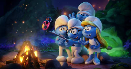 HD PC desktop wallpaper featuring characters from the movie Smurfs: The Lost Village gathered around a campfire in a mystical forest setting.