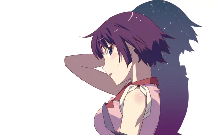 4K Ultra HD anime desktop wallpaper featuring Hitagi Senjōgahara from the Monogatari series in a detailed, side-profile illustration with a starry shadow backdrop.