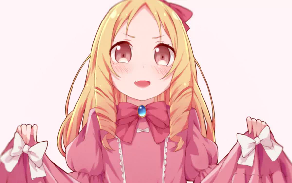 Anime HD desktop wallpaper featuring Elf Yamada from EroManga-Sensei with a cheerful expression, wearing a pink dress and bow against a light background.