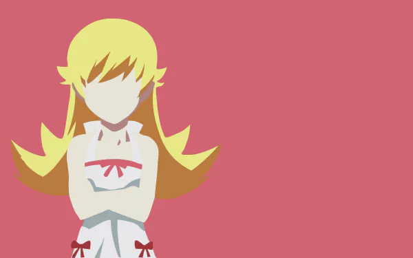 Illustration of Shinobu Oshino from the Monogatari series in a minimalist style, designed as an 8K Ultra HD PC desktop wallpaper with a solid pink background.