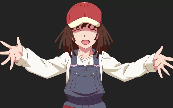 HD PC desktop wallpaper of Nadeko Sengoku from the Monogatari series: cheerful anime girl in a red cap and denim overalls, smiling with arms wide open against a dark background.