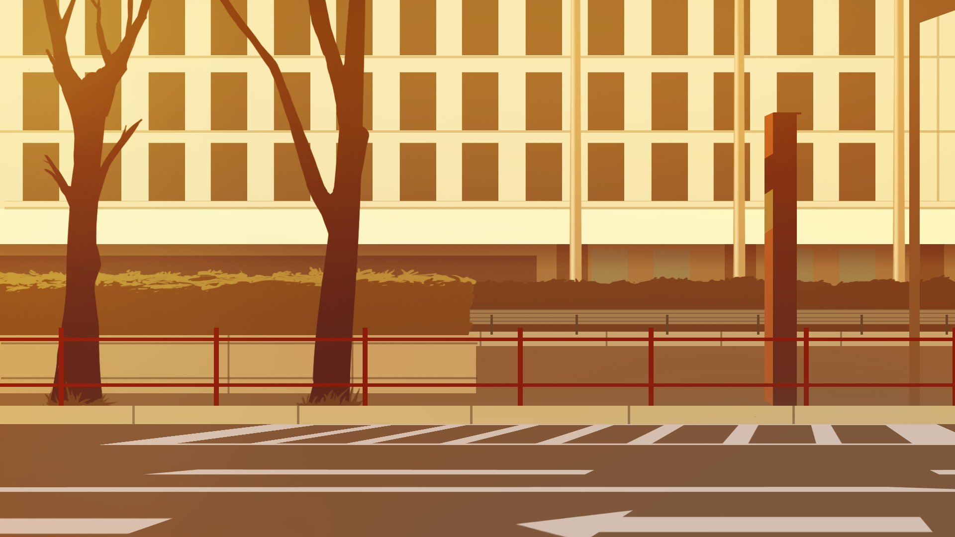 HD anime desktop wallpaper featuring a serene urban street scene from the Monogatari series with warm tones and minimalist design.