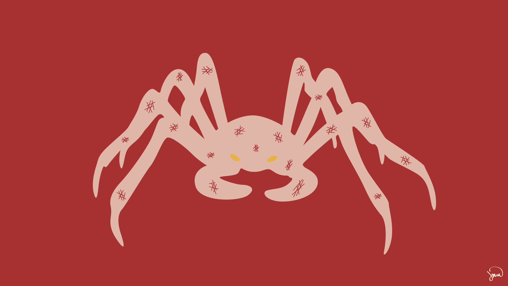 HD PC desktop wallpaper featuring a stylized spider illustration from the Monogatari anime series on a solid red background.