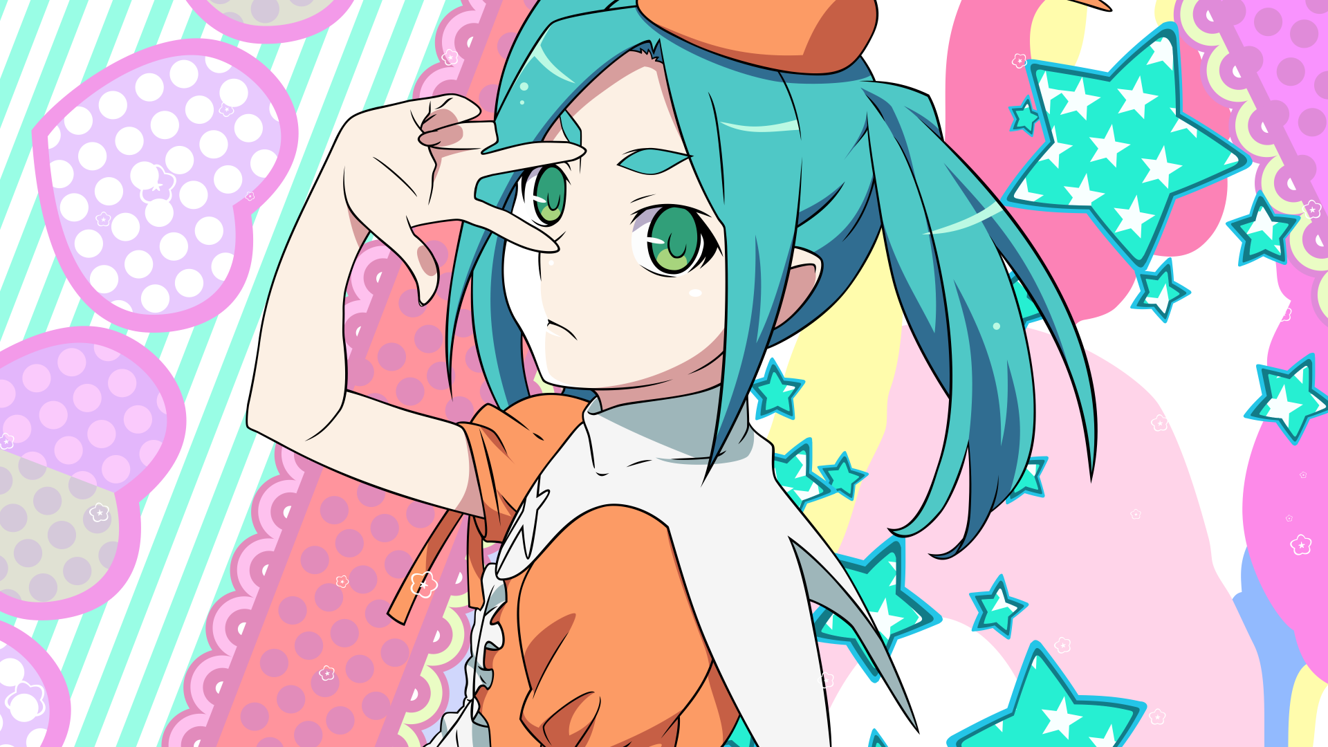 Yotsugi Ononoki from the Monogatari series poses playfully against a colorful, star-patterned background, showcasing vibrant anime art in 4K Ultra HD quality.