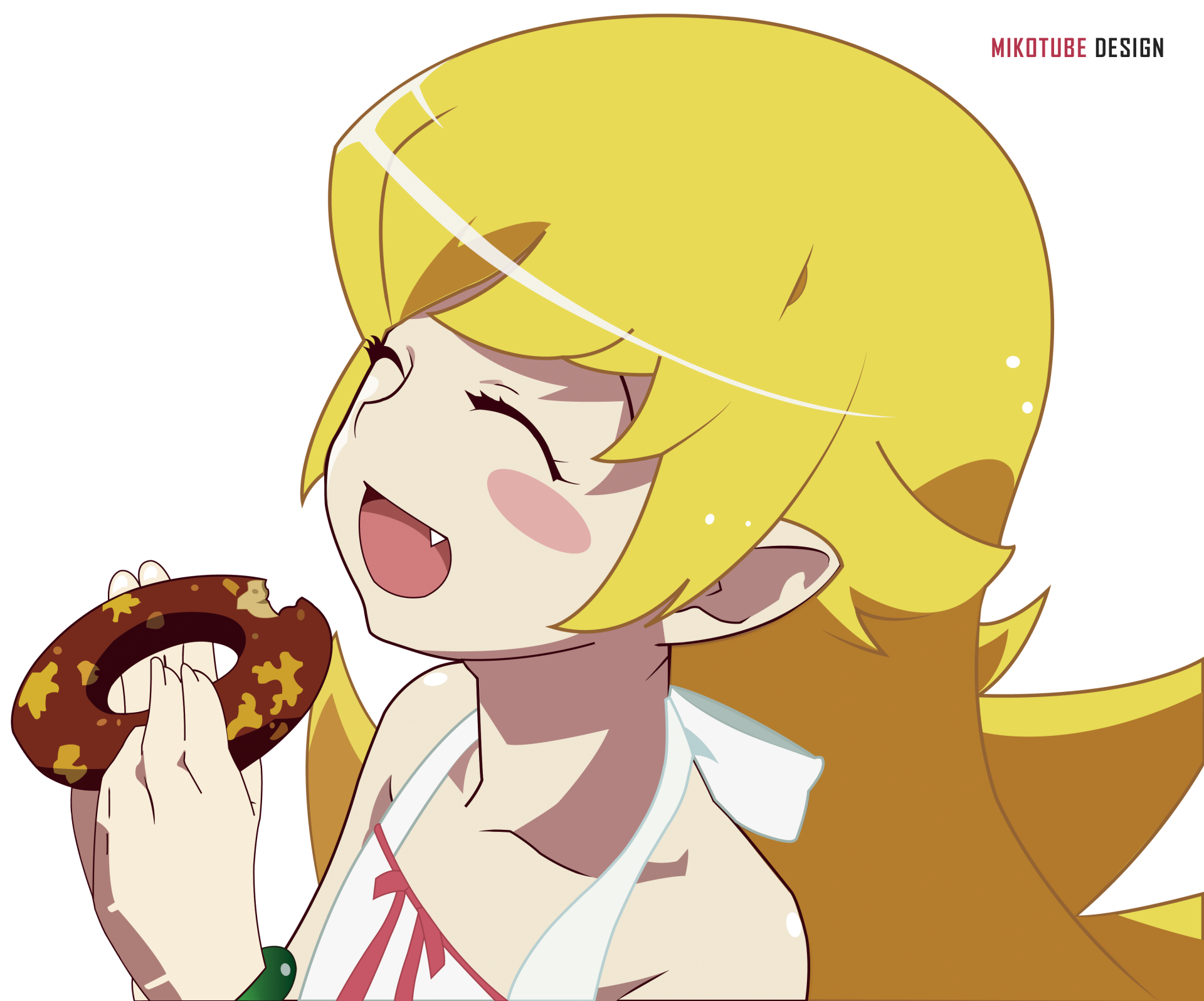 HD anime desktop wallpaper featuring Shinobu Oshino from the Monogatari Series, smiling brightly while holding a donut.