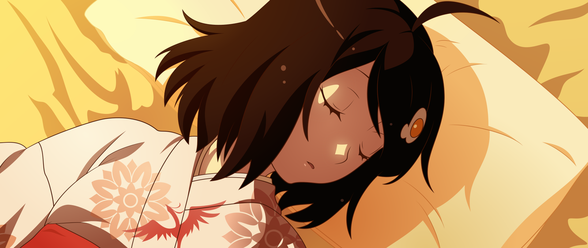 Tsukihi Araragi from the Monogatari series asleep on a floral pillow, warm golden tones — 4K Ultra HD anime PC desktop wallpaper.