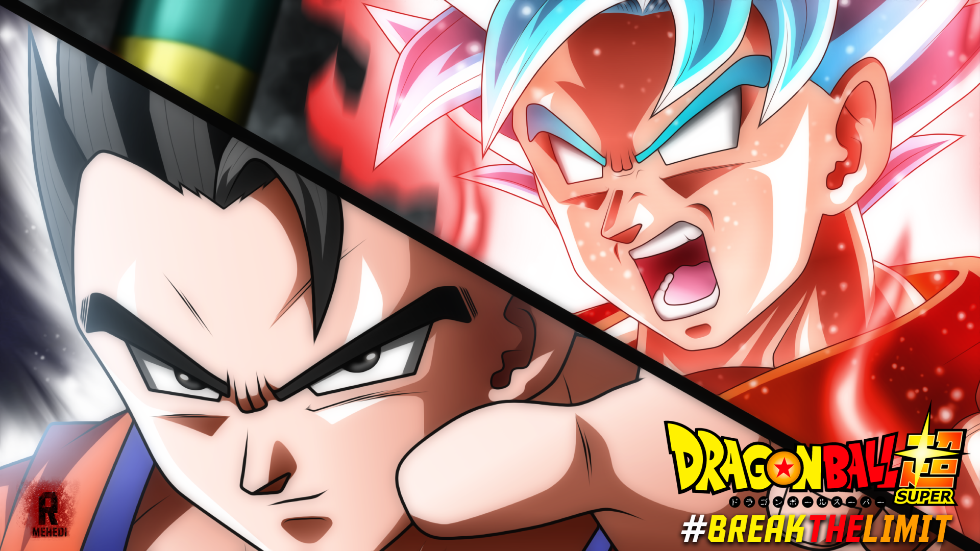 Anime Dragon Ball Super 2K Quad HD PC desktop wallpaper: split close-ups of Goku — stern on left and Super Saiyan Blue yelling on right, red and blue energy flaring.