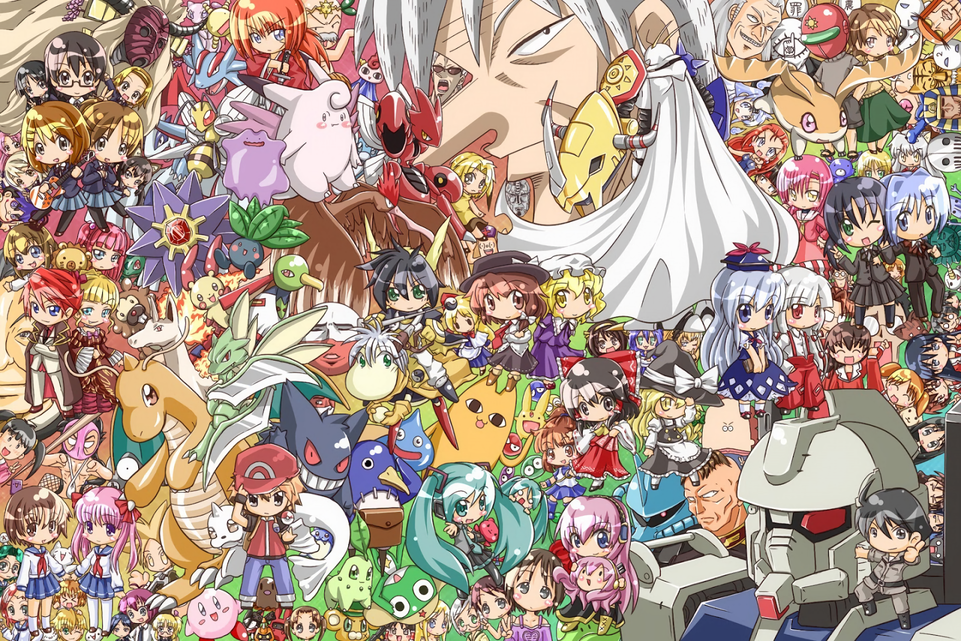 HD PC desktop wallpaper and background: colorful anime crossover collage featuring dozens of chibi and full-size characters packed tightly across a vibrant scene.