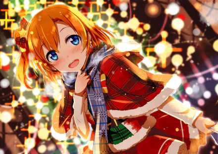 HD PC desktop wallpaper featuring Honoka Kousaka from the anime Love Live!, dressed in a festive winter outfit with bright, colorful lights in the background.