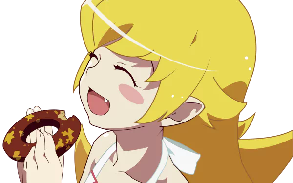 HD anime desktop wallpaper featuring Shinobu Oshino from the Monogatari Series, smiling brightly while holding a donut.