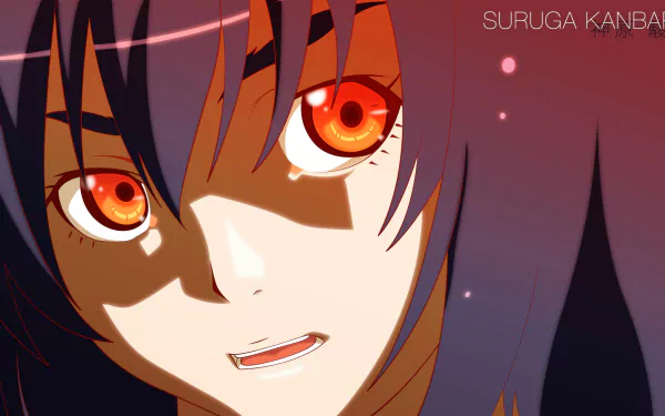 Close-up of Suruga Kanbaru from the Monogatari series with glowing orange eyes, dark hair and a sly half-smile — HD PC anime desktop wallpaper/background.