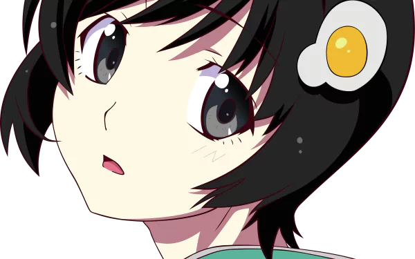 Close-up of Tsukihi Araragi (Monogatari series), anime-style portrait with black hair and signature fried-egg hairpin — 4K Ultra HD PC desktop wallpaper/background.