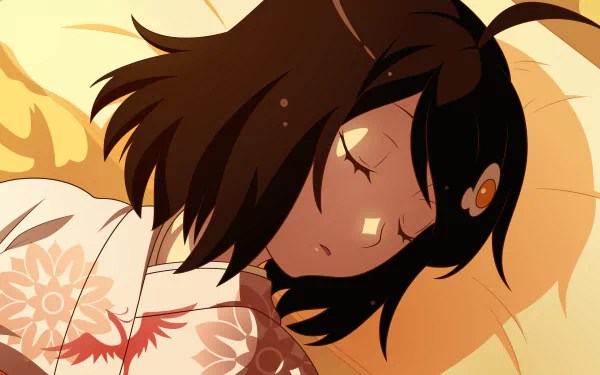 Tsukihi Araragi from the Monogatari series asleep on a floral pillow, warm golden tones — 4K Ultra HD anime PC desktop wallpaper.