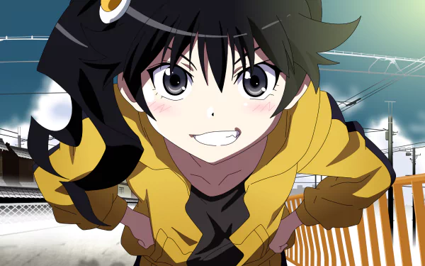 HD PC desktop wallpaper featuring Karen Araragi from the Monogatari anime series, showcasing her confident expression and dynamic pose against a bright outdoor background.