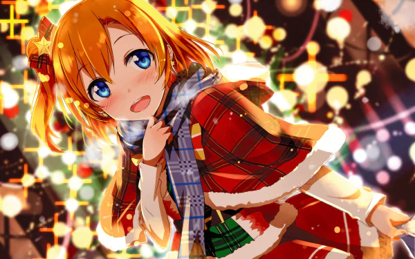 HD PC desktop wallpaper featuring Honoka Kousaka from the anime Love Live!, dressed in a festive winter outfit with bright, colorful lights in the background.