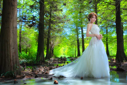 An Asian bride in a white wedding dress stands gracefully in a serene forest, creating a beautiful HD desktop wallpaper and background.