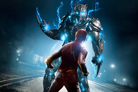 HD desktop wallpaper features Barry Allen, played by Grant Gustin, facing off against Savitar from The Flash (2014) TV show in a dramatic, electrifying scene.