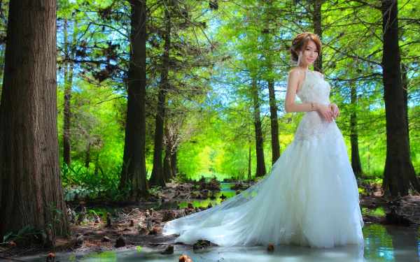 An Asian bride in a white wedding dress stands gracefully in a serene forest, creating a beautiful HD desktop wallpaper and background.