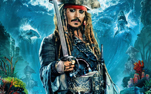 Johnny Depp as Jack Sparrow in a 4K Ultra HD wallpaper from Pirates of the Caribbean: Dead Men Tell No Tales, set against a dramatic oceanic background.