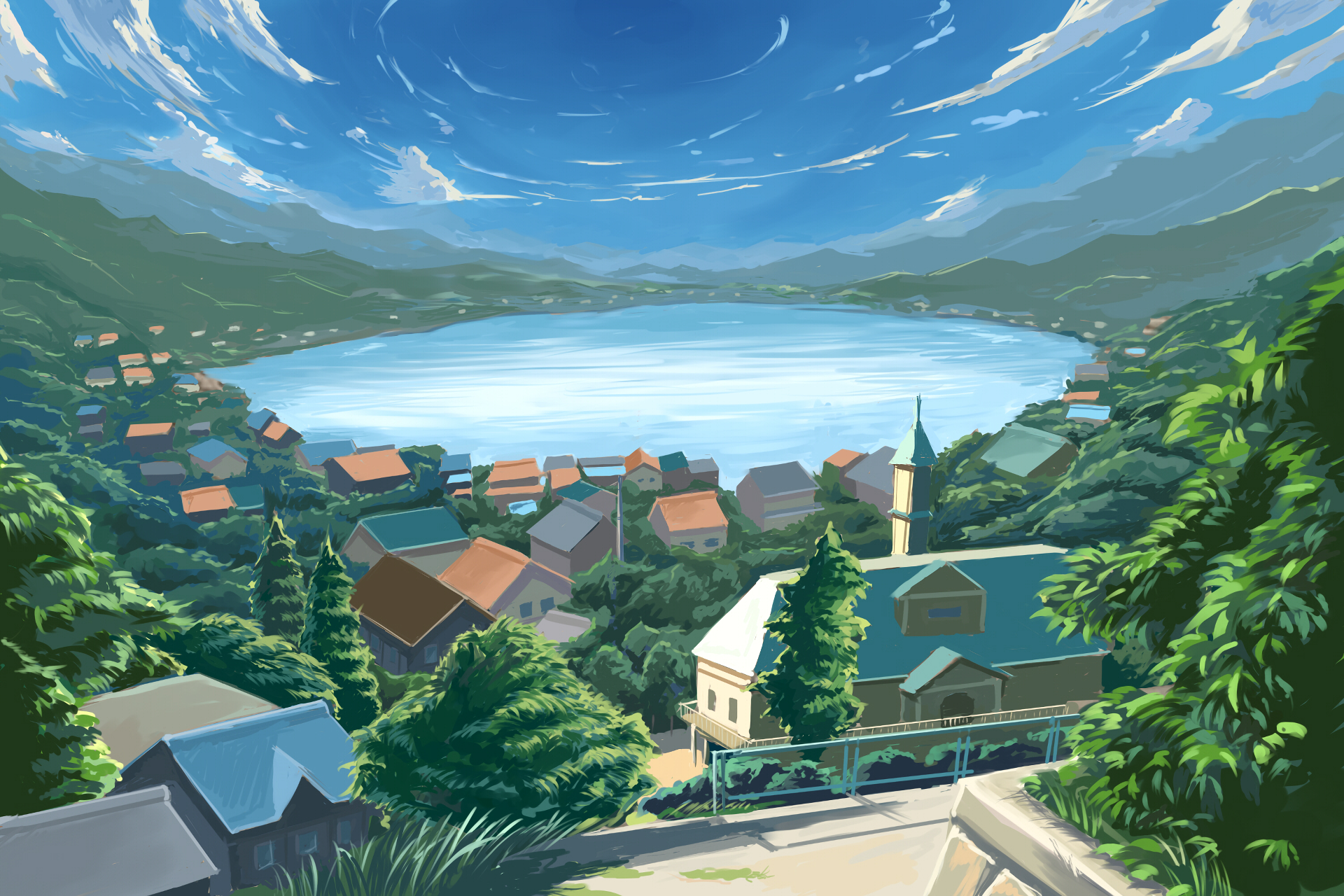 HD anime desktop wallpaper featuring a scenic view of a peaceful lakeside town surrounded by lush green mountains and a bright blue sky, inspired by Your Name.