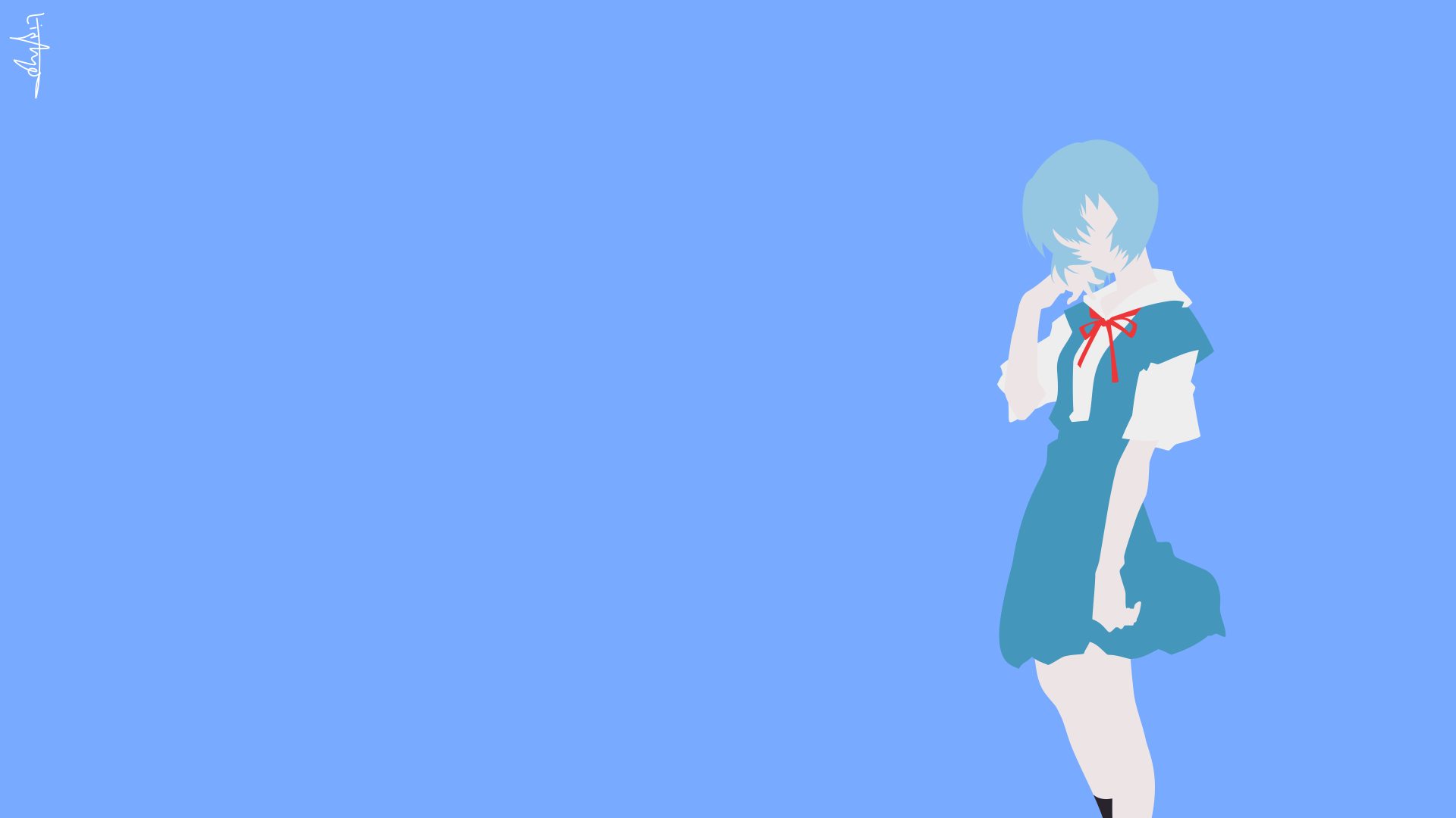 Minimalist 4K Ultra HD PC desktop wallpaper featuring Rei Ayanami from the anime Neon Genesis Evangelion against a solid blue background.
