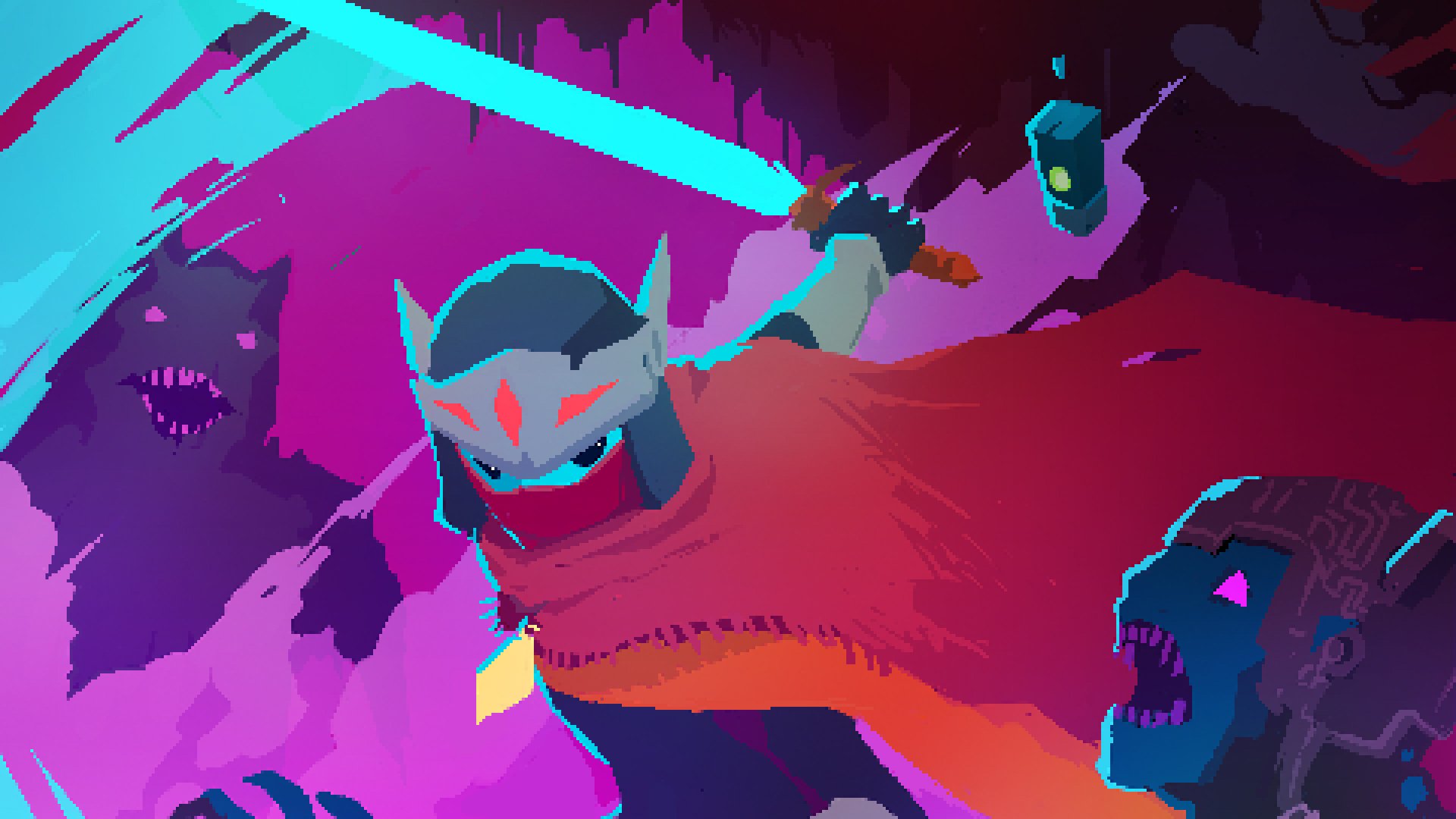 HD desktop wallpaper from Hyper Light Drifter featuring the protagonist in combat with vibrant, stylized graphics.