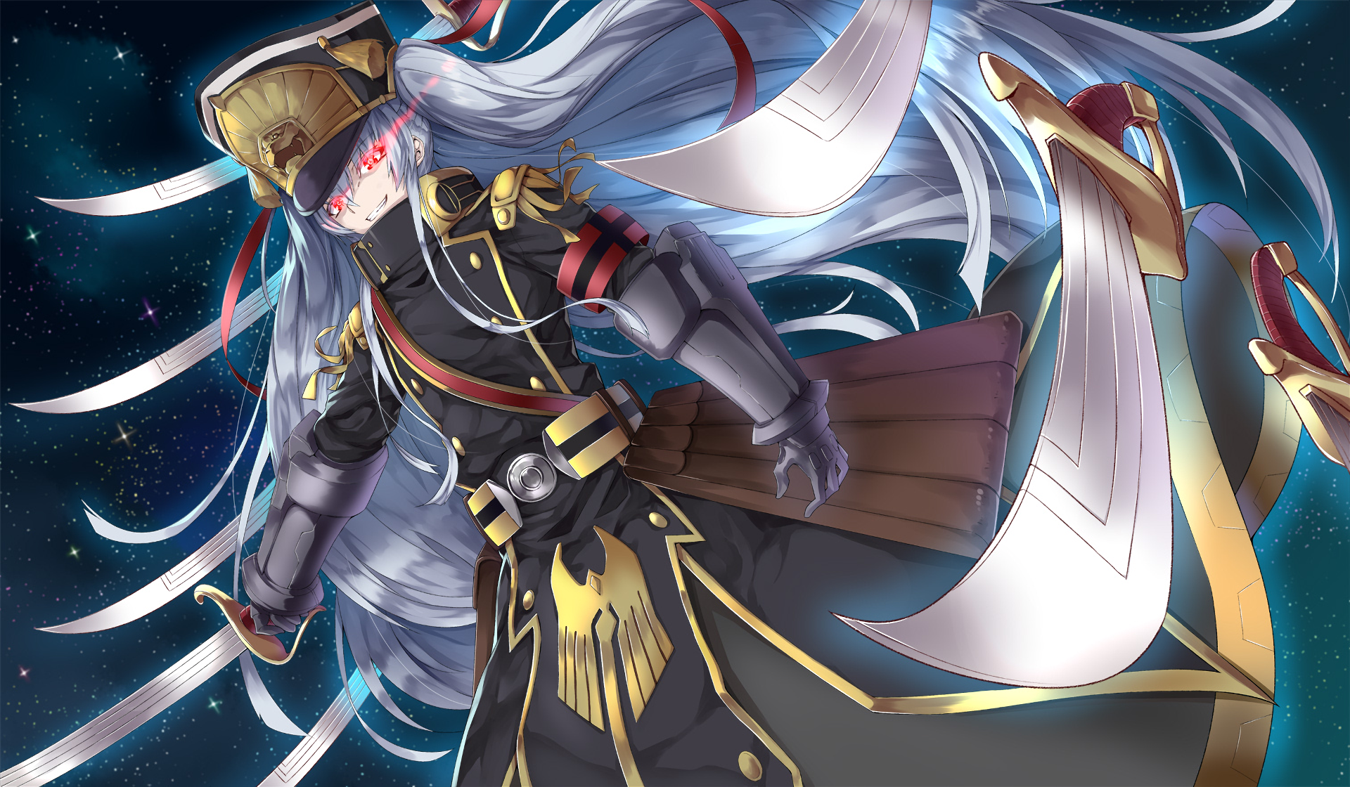 HD desktop wallpaper featuring Altair from the anime Gunpuku no Himegimi, Re:Creators, showcasing her in elaborate armor against a cosmic background.