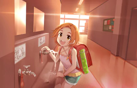 Kaoru Ryuzaki from THE iDOLM@STER: Cinderella Girls Starlight Stage — anime character smiling in a sunlit school hallway at a water fountain, backpack on her shoulder. HD PC desktop wallpaper.