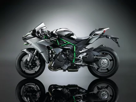 A sleek HD desktop wallpaper featuring the formidable Kawasaki Ninja H2 motorcycle, showcasing its powerful design and modern aesthetics in a studio shot.