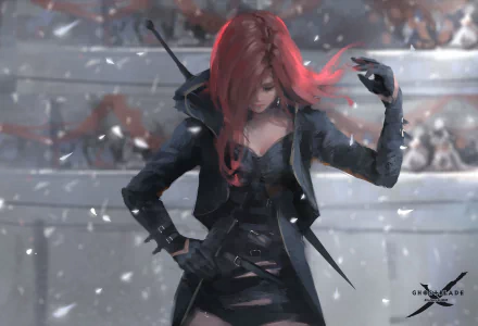 HD desktop wallpaper featuring a character from the comic GhostBlade. The character has long red hair and is dressed in black, standing amidst snowflakes with a confident pose.