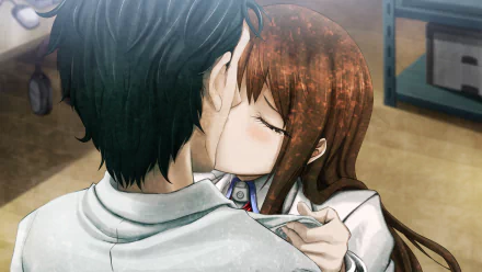 HD desktop wallpaper of Kurisu Makise and Rintaro Okabe from Steins;Gate sharing a kiss, captured in a beautiful anime style.