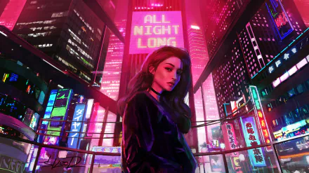 HD desktop wallpaper featuring a chillwave, vaporwave, neon aesthetic with retro wave influences. It depicts a cityscape bathed in vibrant neon lights with a figure in the foreground and ALL NIGHT LONG text.