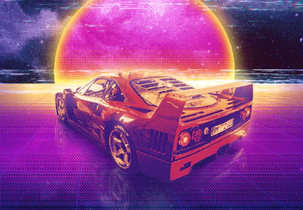 A red sports car under a neon sun in a vaporwave and retro wave style, combining retro and chillwave aesthetics, set against a vivid HD background.