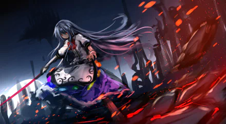 HD PC desktop wallpaper of Tenshi Hinanawi (Touhou): anime girl in flowing kimono and purple skirt wielding a sword amid dark ruins and scattering red embers.