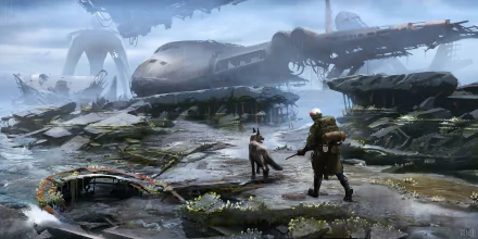 HD wallpaper of a post-apocalyptic scene from the video game Fallout 4, featuring a warrior and a dog standing near a crashed airplane.