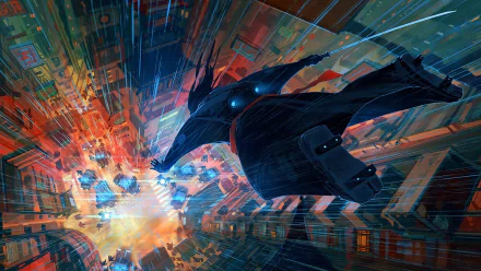 A high-definition wallpaper featuring a fantasy samurai leaping through a vibrant, futuristic cityscape, illuminated by colorful lights and dynamic motion lines for a dramatic effect.